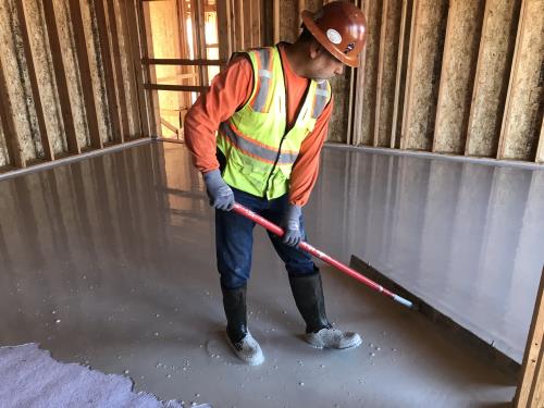 Installation of gypsum floor over sound-matting